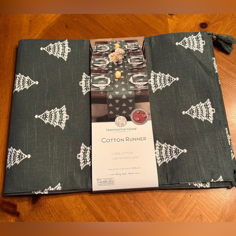 Huntington Home Dark Green Cotton Runner with White Tree Design